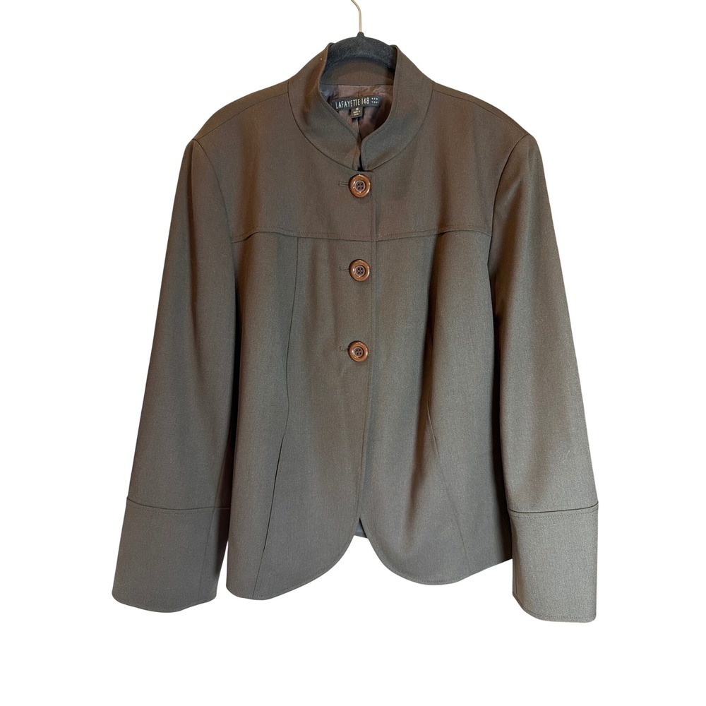Lafayette 148 New York Women Brown Wool Blend Stand Collar Blazer Size 14